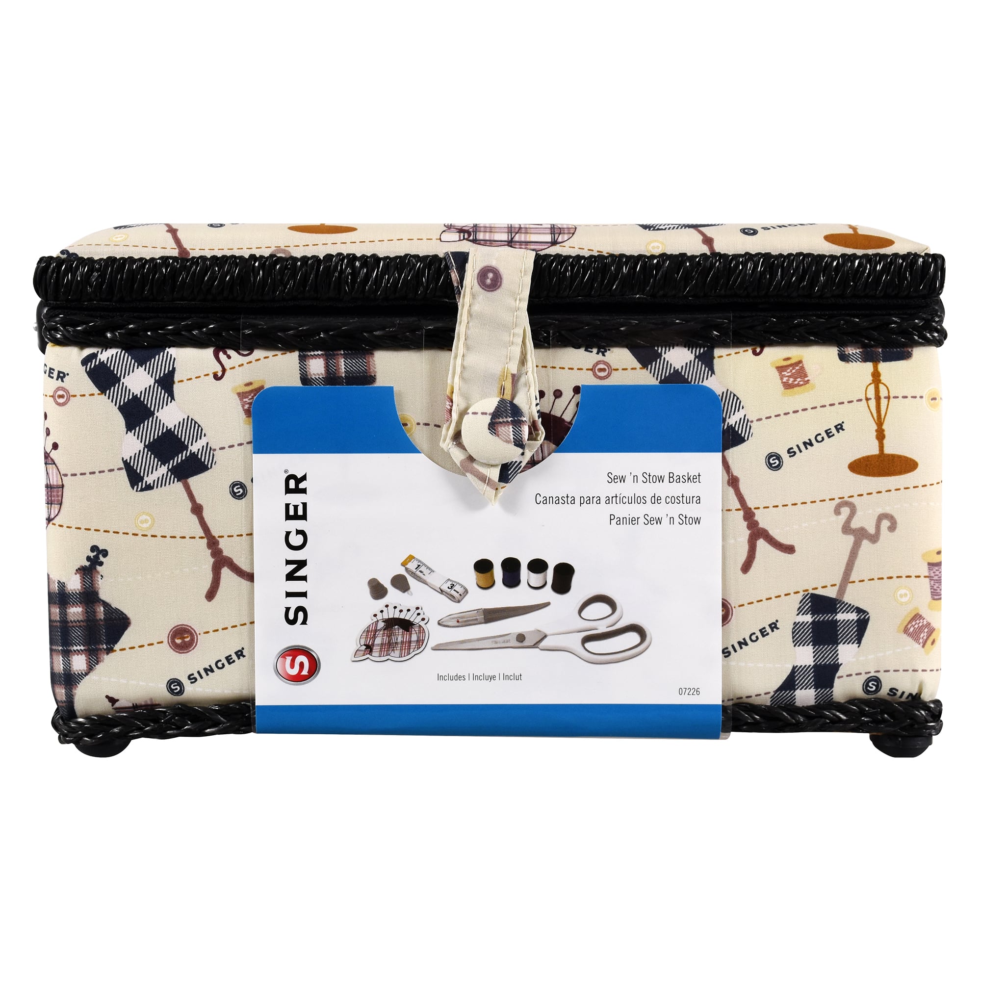 SINGER® Large Classic Sewing Print Sewing Basket with Sewing Scissors & Notions